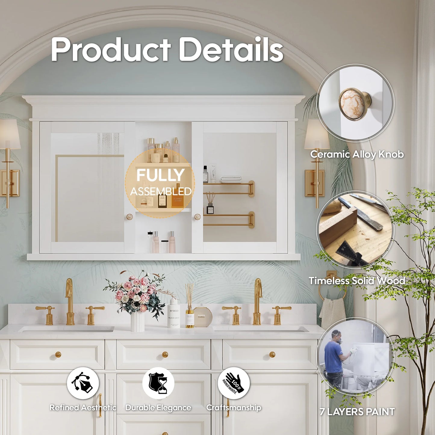 FORCLOVER 55"x 32" Bathroom Medicine Cabinet with 6 Adjustable Shelves, Recessed Mount Wooden Medicine Cabinet Storage with Mirrors and Soft-Close Door, White