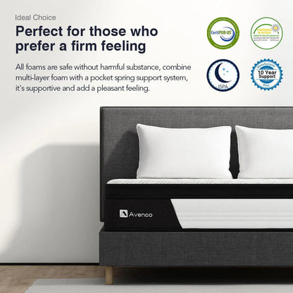Avenco Queen Size Hybrid Mattress, 12-Inch Mattress in a Box, Pocketed Innerspring and Memory Foam Mattress, Medium Firm with Pillow Top, Supportive