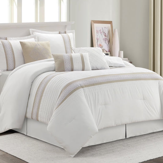 Lanco Striped 7 Piece Taupe Comforter Set, King Size Microfiber Bedding, All Season Bedding Set, Bed Skirt, Pillows & Shams