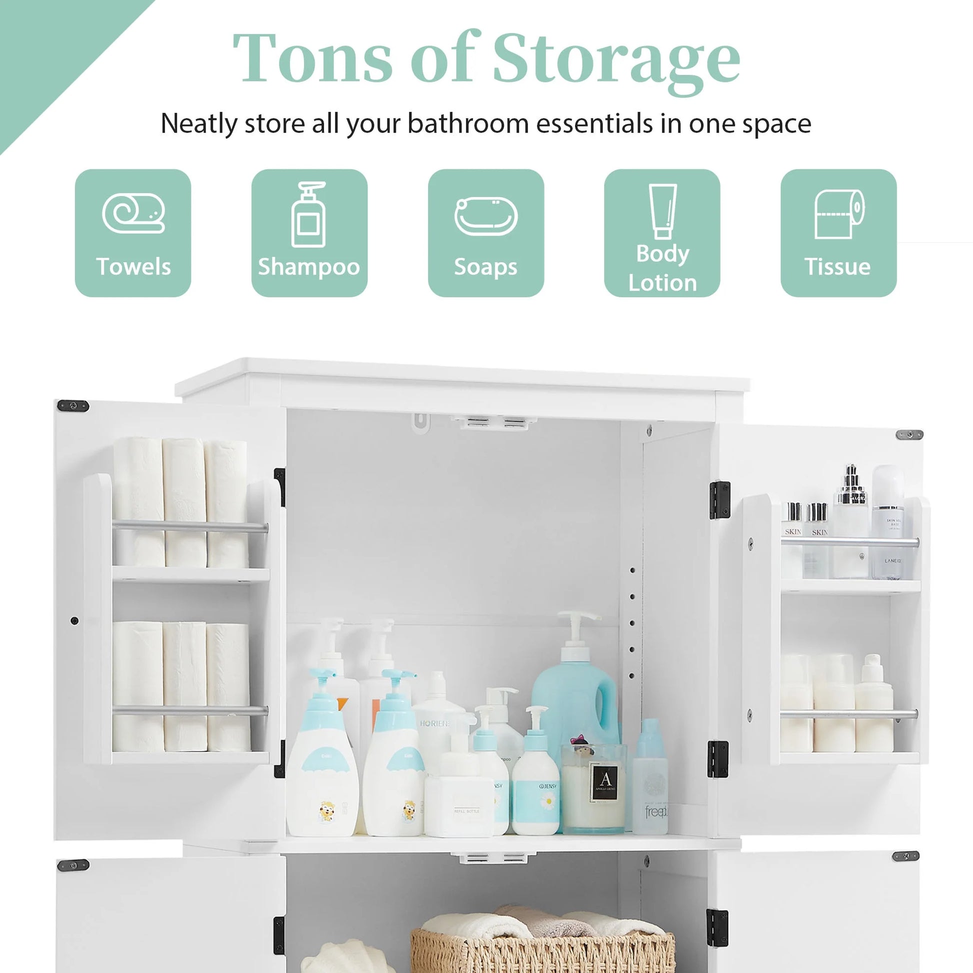 Bellemave Bathroom Floor Storage Cabinet with 4 Doors and Adjustable Shelf Freestanding Cabinet Multifunctional Small Storage Organizer for Living Room 23.6°?x 11.8°?x 43.3°?(White, 4 Doors)