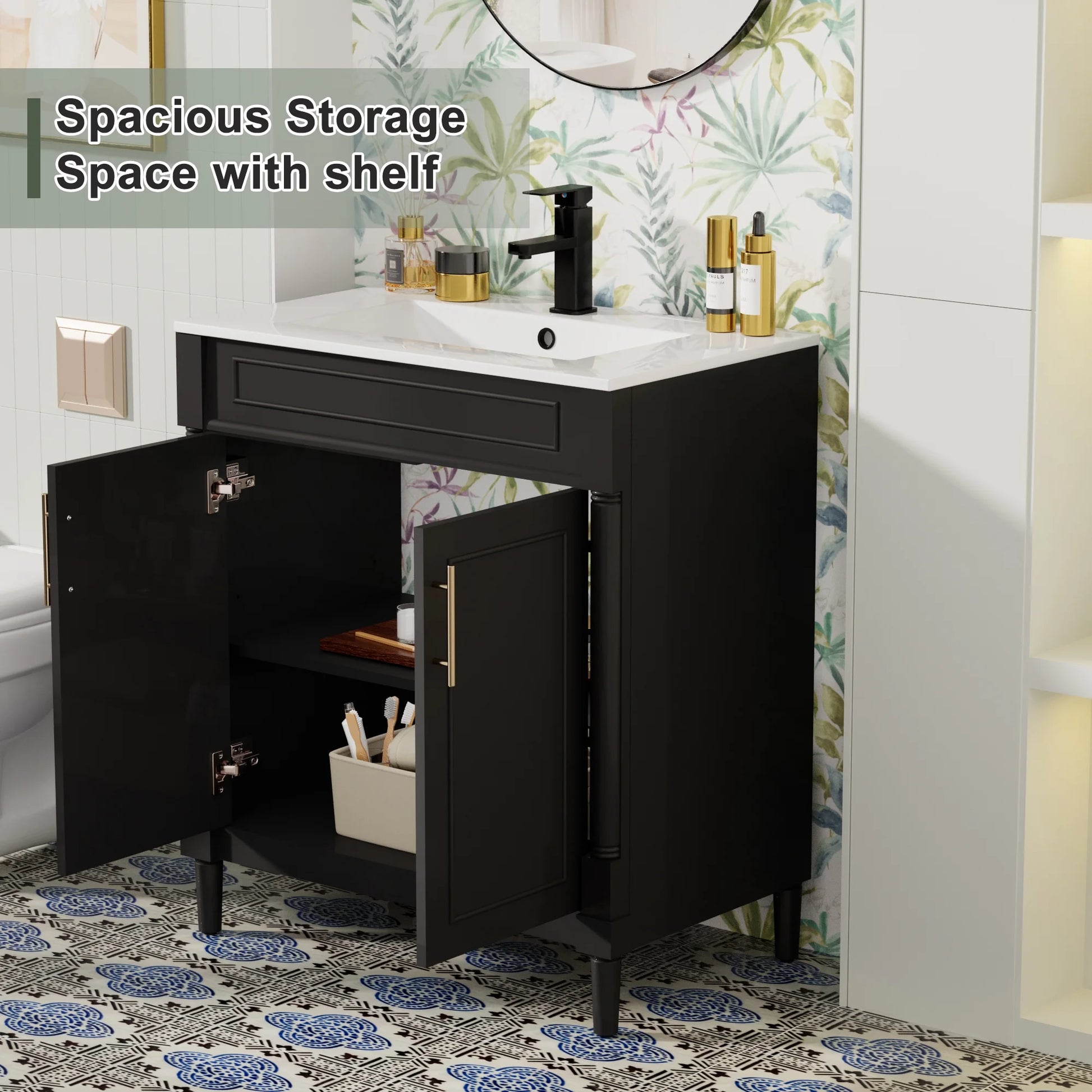 30" Freestanding Bathroom Vanity with Ceramic Sink Top, Faucet, Classic Tapered legs