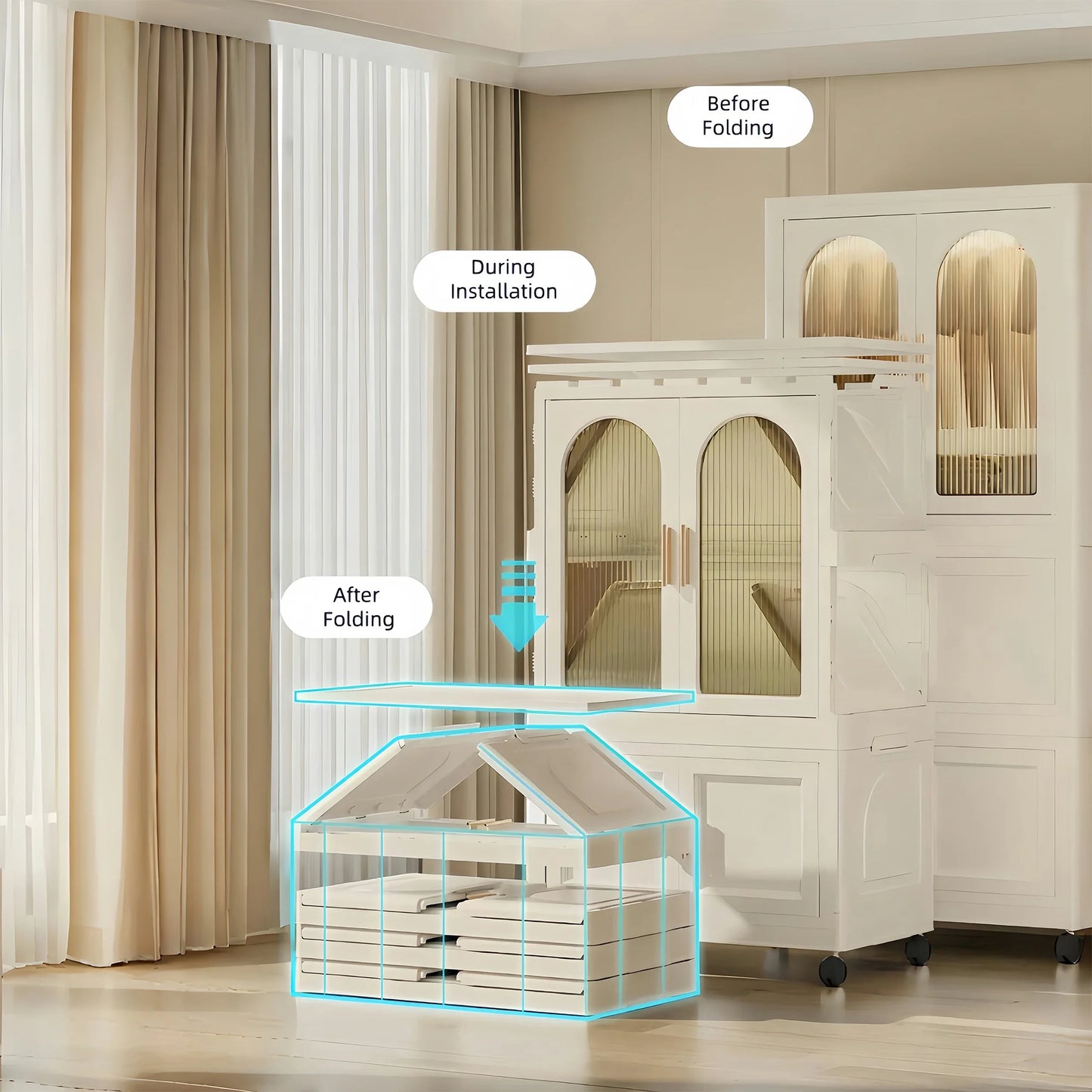 PORKISS Portable Wardrobe Closet, Folding Bedroom Armoire with Wheels, Plastic Storage Basket Can be Freely Combined (1 Layer of Wardrobe + 2 Layers of Folding Boxes+10 Hangers), Cream White-57.09"H