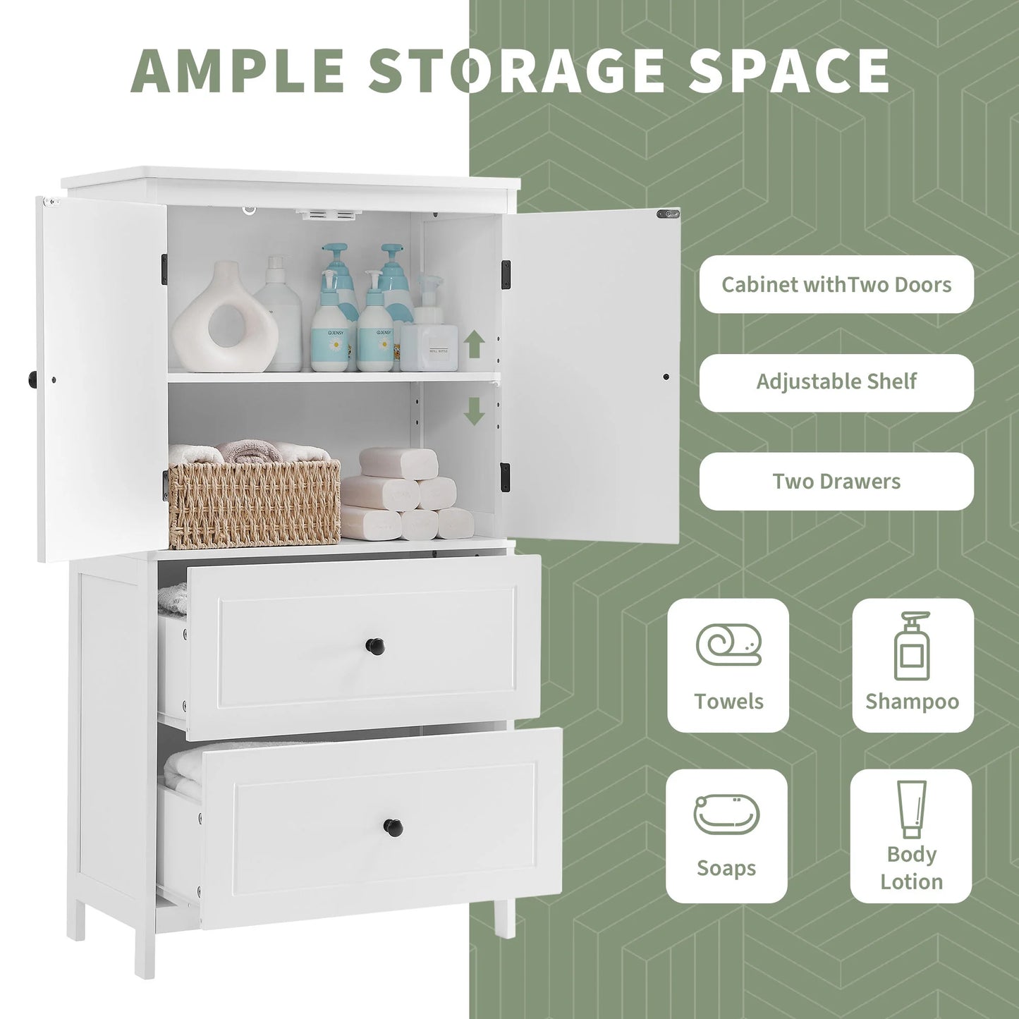 EUROCO Bathroom Floor Storage Cabinet,Bathroom Storage Unit,Freestanding Cabinet with 2 Drawers and 2 Doors,Adjustable Shelf,11.8 x 23.6 x 43.3 Inches,White