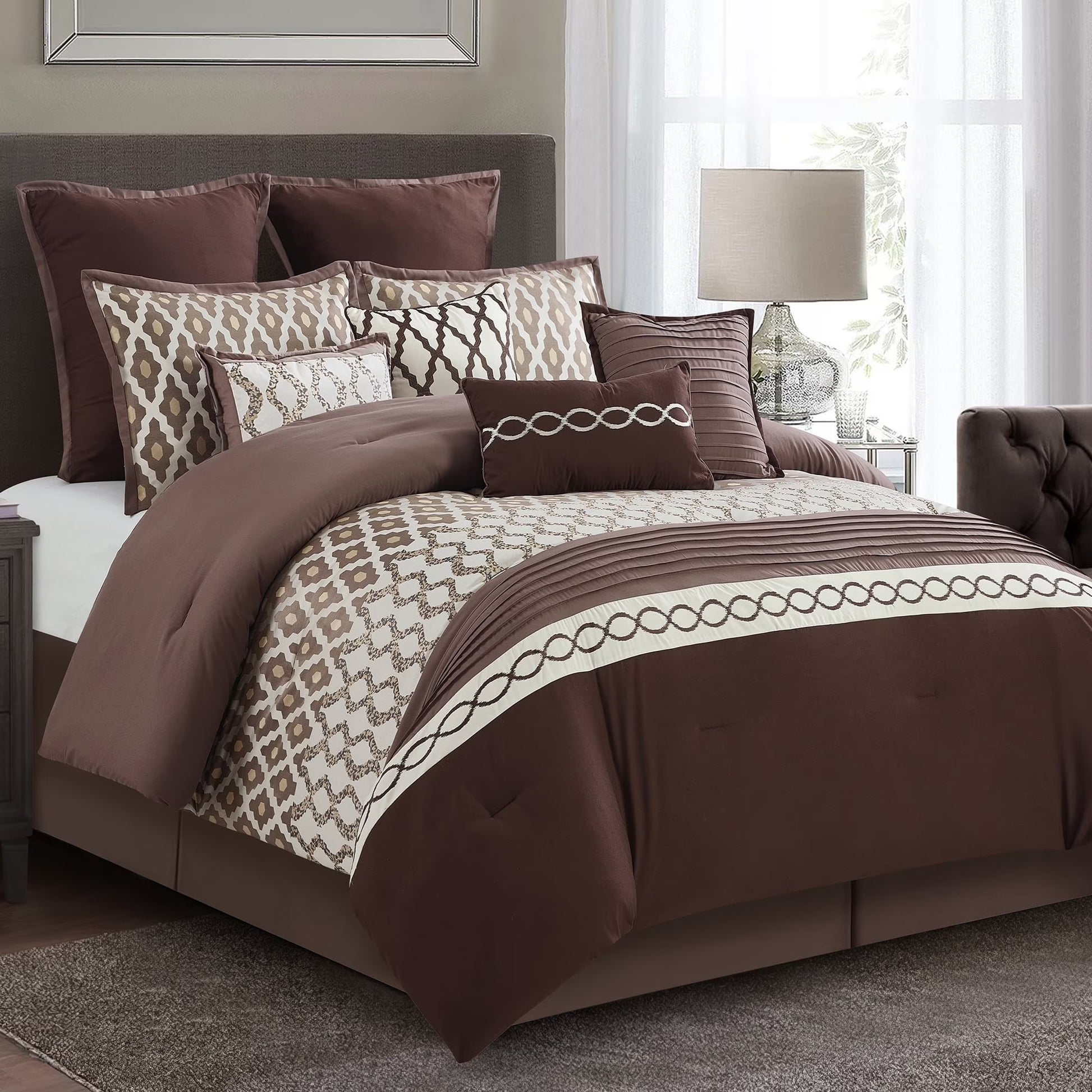 LANCO MODERN LIFESTYLE King Size Comforter Set, Burgundy, 10 Piece Bed in a Bag for All Seasons, Luxury Extreme Comfort Bedding Sets with Bedskirt, Pillow Shams, Euro Shams and Decor Pillows