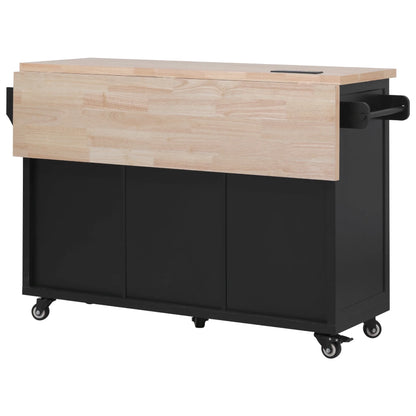 Kitchen Island with Storage, Rolling Kitchen Island on Wheels with Charging Station, Kitchen Cart Island Table with Drop Leaf, Drawers, Cabinets, Spice Rack, Towel Rack, Black