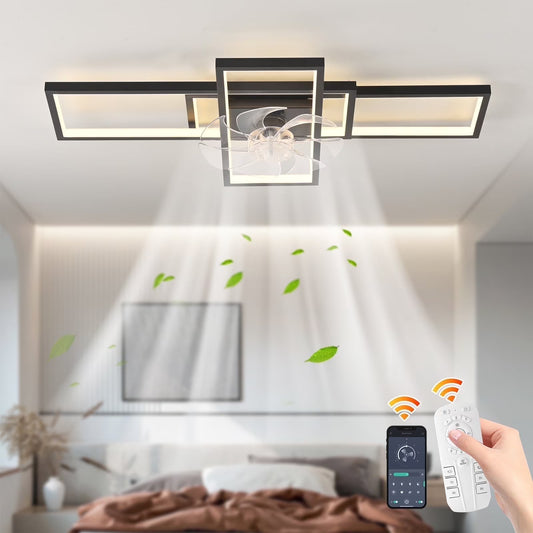 Garwarm Modern Black LED Ceiling Fan With Lights Low Profile 35" Dimmable Square with Remote Rectangle Light Fixture for Kitchen,Bathroom,Balcony,Living Room