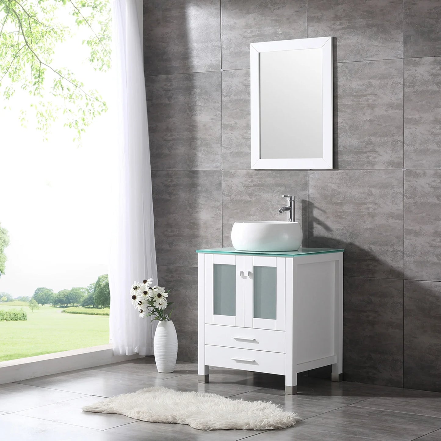 Wonline 24" Bathroom Vanity Cabinet Ceramic Sink Faucet Drain Combo w/Mirror Set White