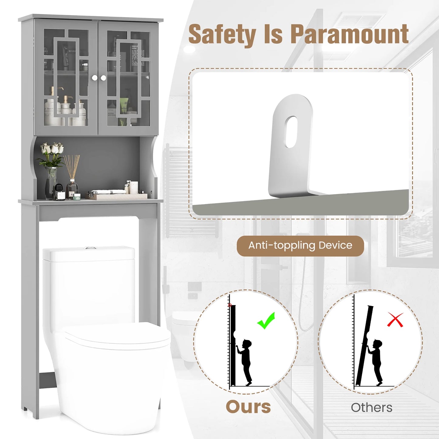 Gymax Grey Bathroom Over The Toilet Space Saver Storage Cabinet Organizer Shelf