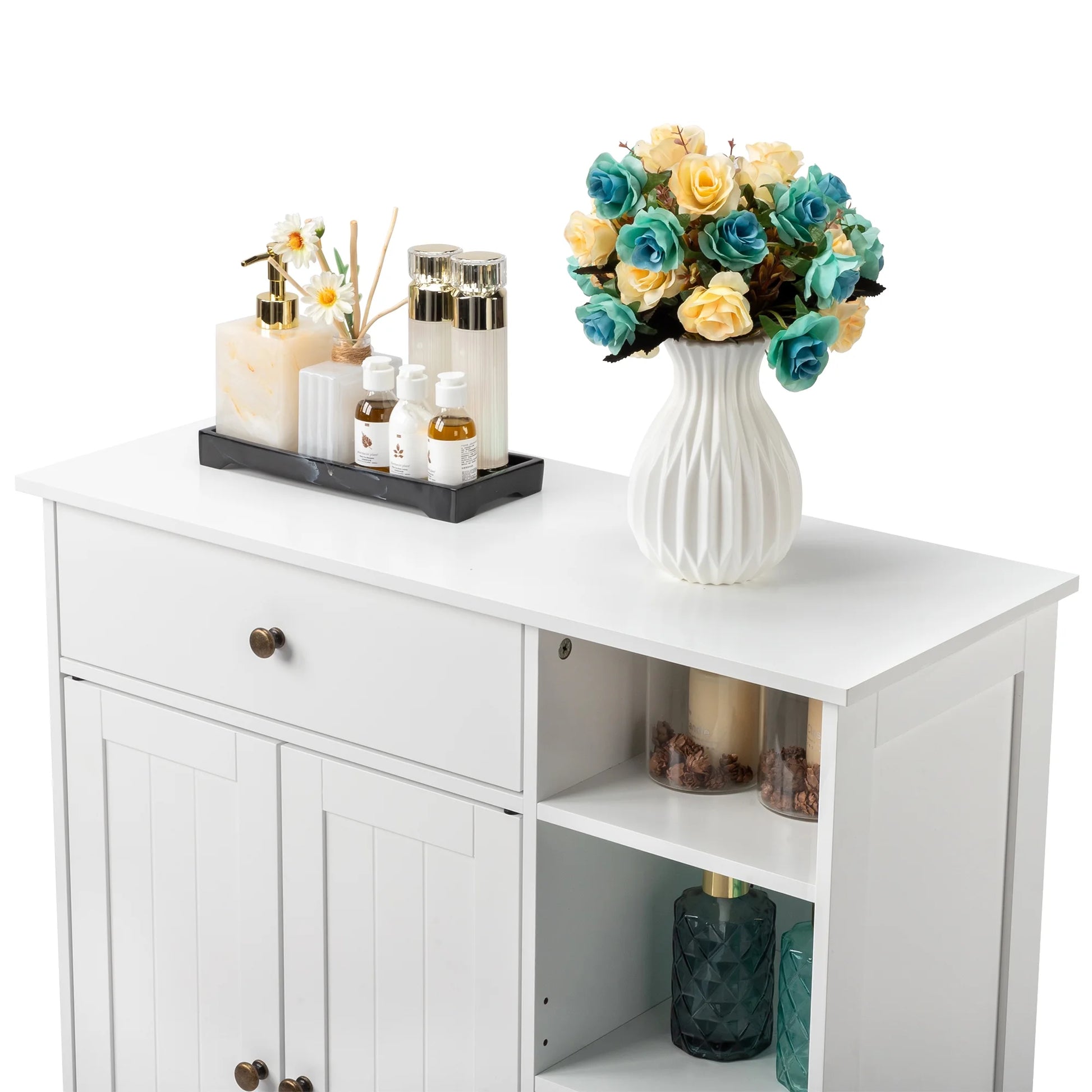 Zimtown Wooden 2-Door Bathroom Cabinet Storage Organizer with 2 Shelves& 1 Drawer & Three-layer Side Rack, White