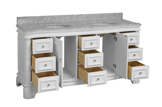 Katherine 72" Double Bathroom Vanity with White Cabinet and Carrara Marble Top