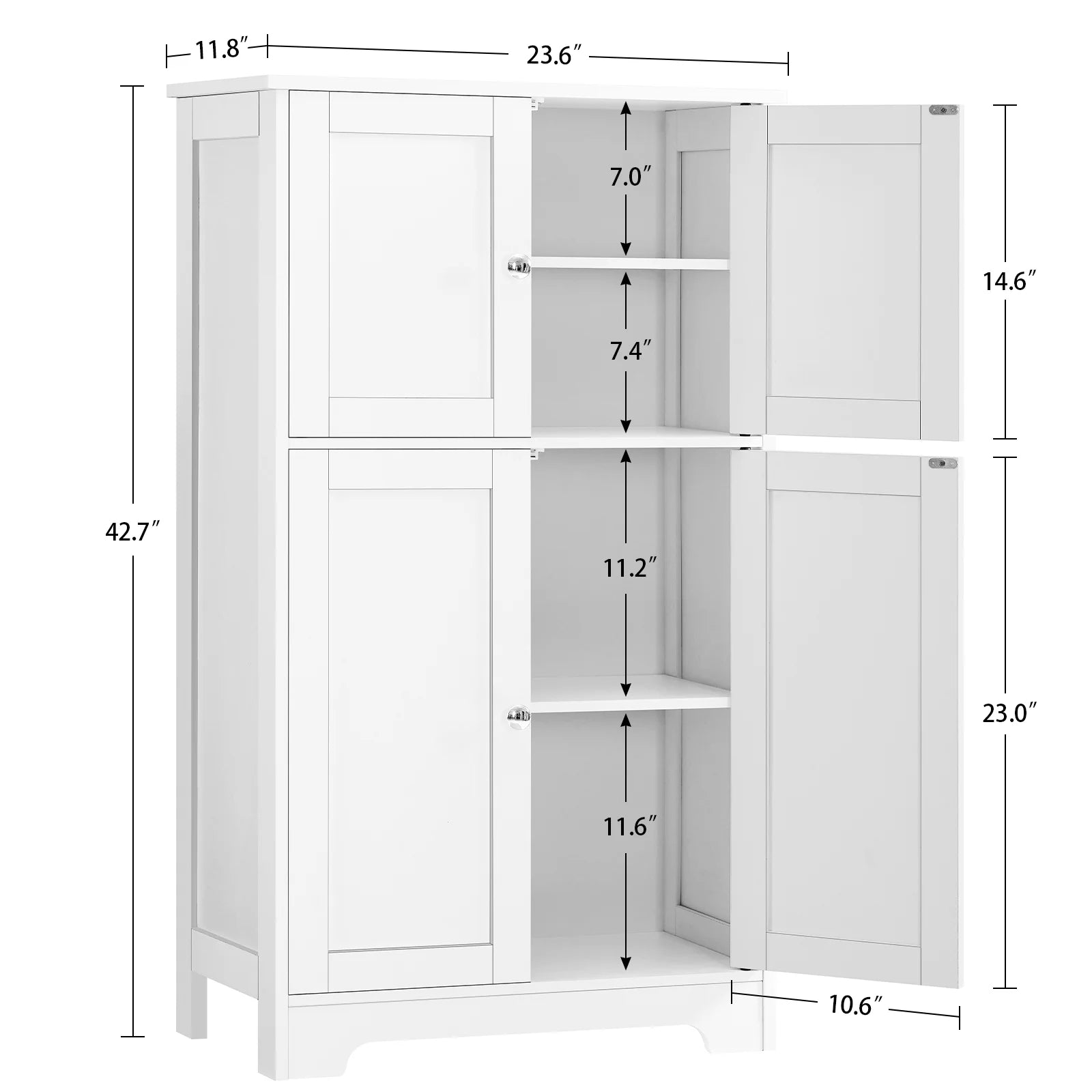 Bathroom Floor Storage Cabinet, Freestanding Bathroom Storage Unit with 2 Adjustable Shelves & 4 Doors, 11.8 x 23.6 x 42.7 Inches, White