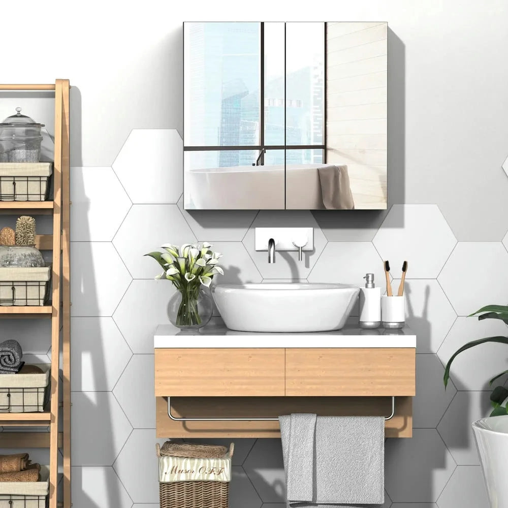 Barara King Bathroom Mirrored Cabinet, 24"x22" Steel Frame Medicine Cabinet, Wall-Mounted Storage Organizer with Double Doors, White