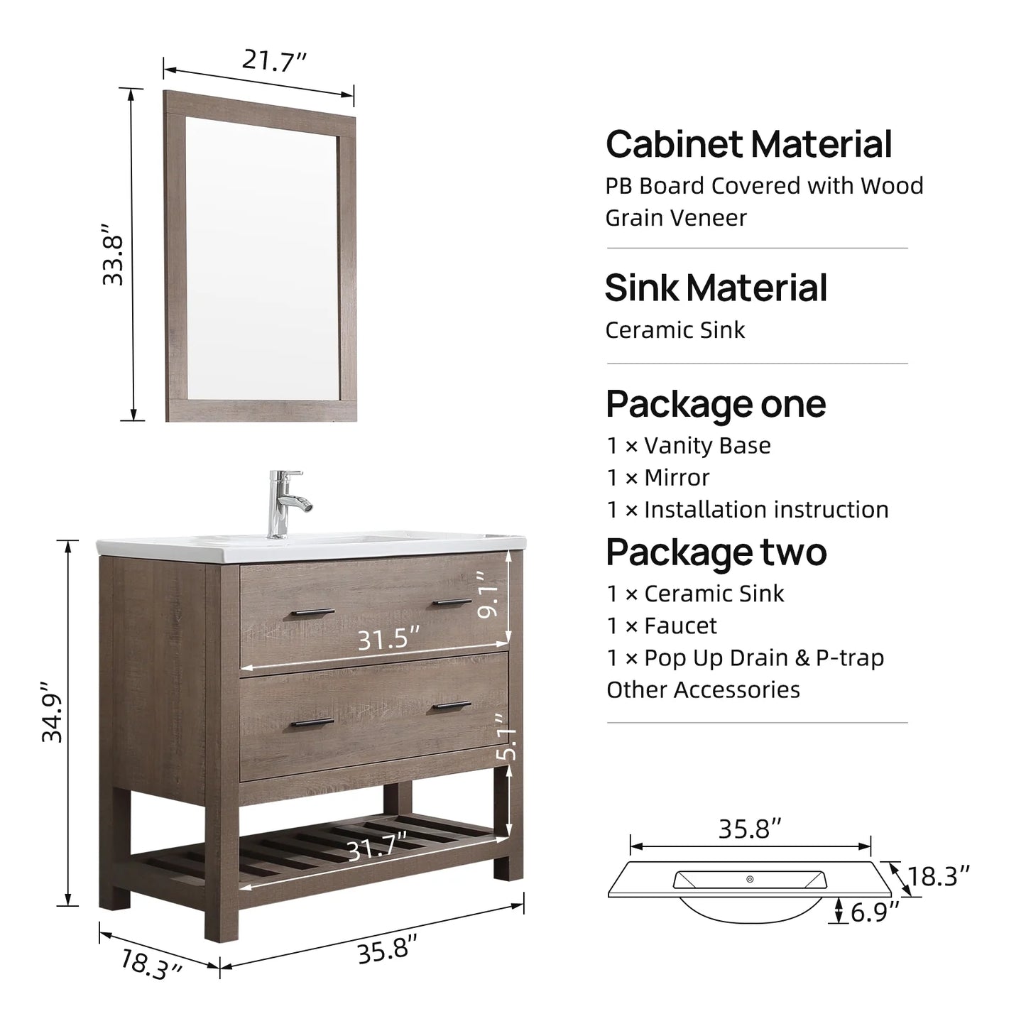 Wonline 32" PB Board Bathroom Vanity with Undermount Sink& Mirror