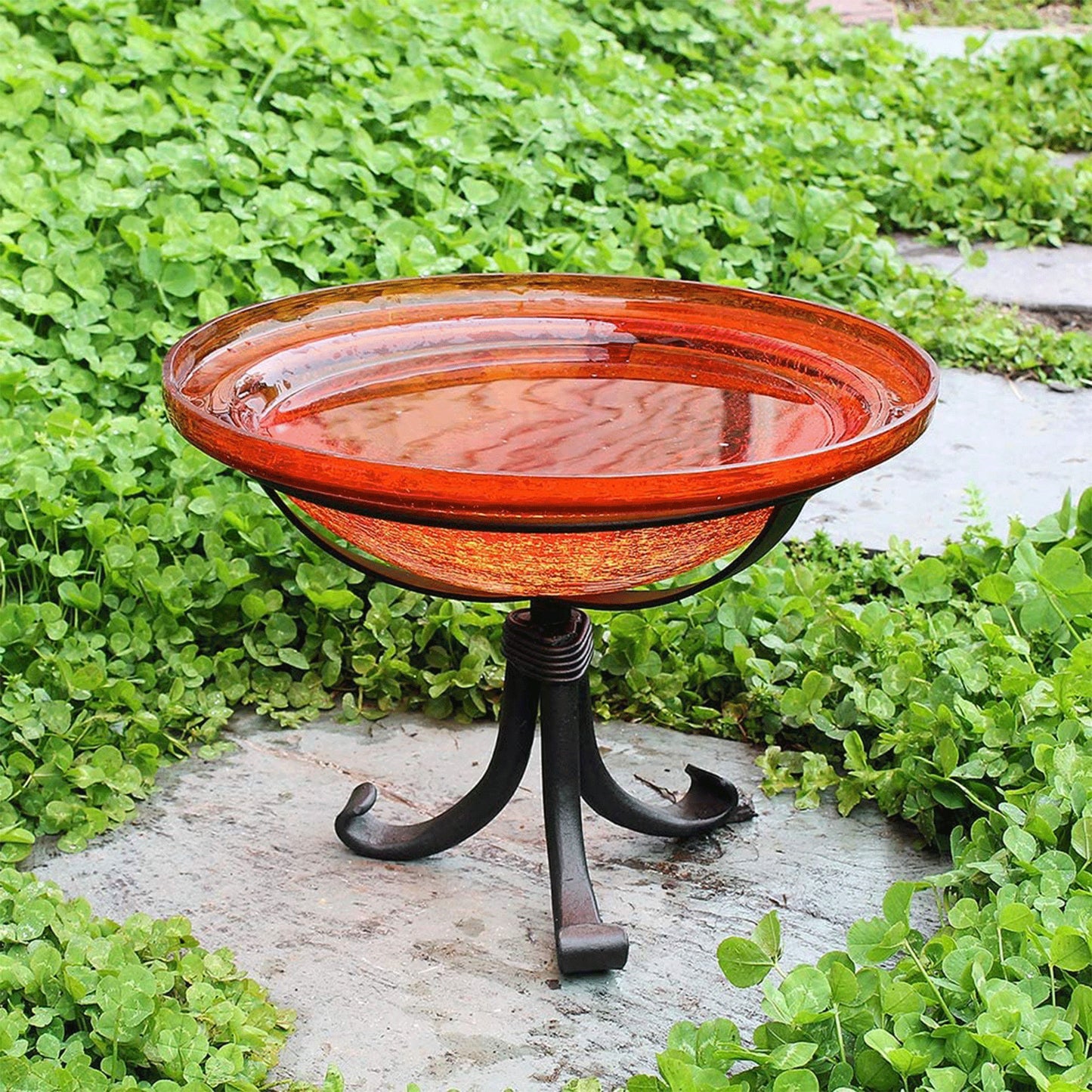 Achla Designs Hand Blown Crackle Glass Garden Birdbath w/Tripod, Mandarin