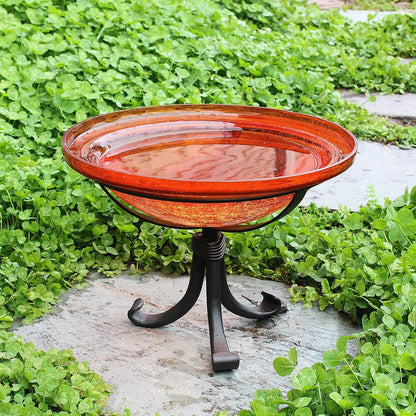 Achla Designs Hand Blown Crackle Glass Garden Birdbath w/Tripod, Mandarin