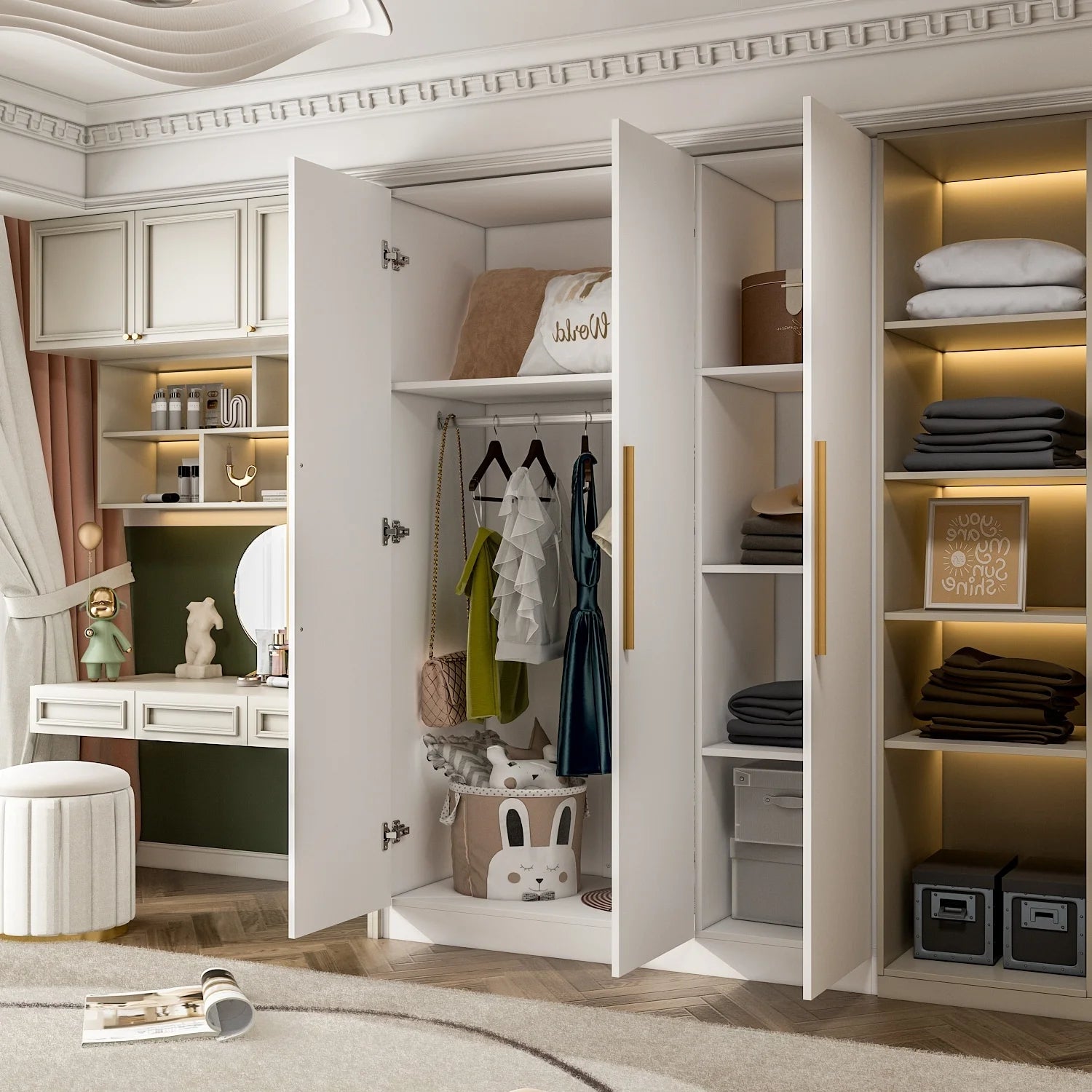 FUFU& GAGA Wardrobe Armoire Wooden Closet Cabinet 6 Storage Cube and Hanging Rod White