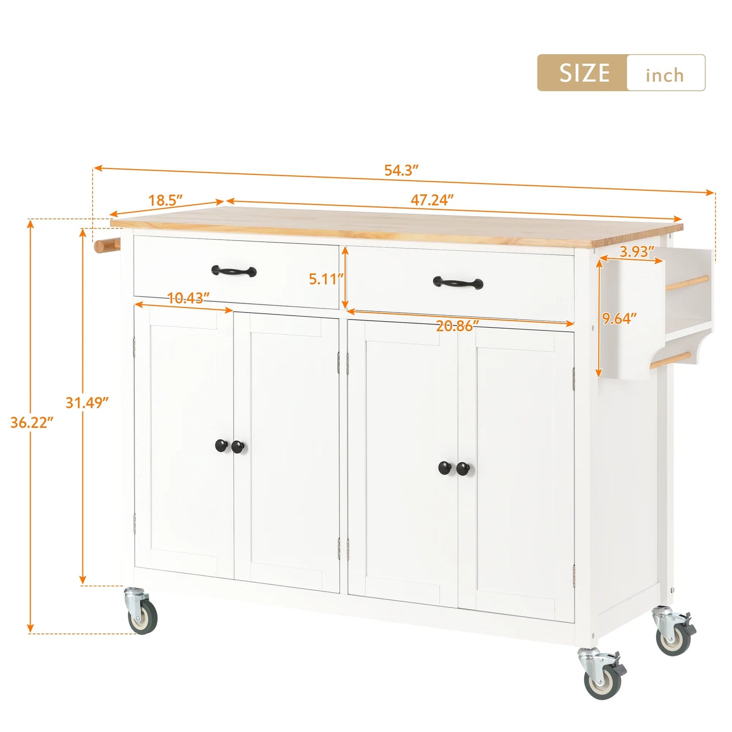 Aukfa Rolling Kitchen Island Cart with Storage Towel Racks & 4 Door Cabinet, White