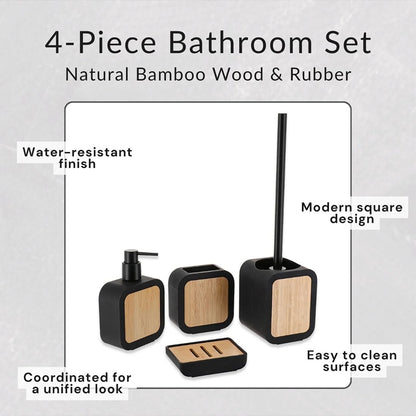 4-Piece Bathroom Accessory Set Gray Rubber and Acacia