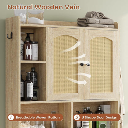 Over The Toilet Storage Cabinet with 3 Doors, Farmhouse Space Saver for Bathroom Organizer with Paper Holder, 10 Shelves and Hooks, 7-Tier Over Washing Machine Cabinet for Laundry, Bathroom, Natural