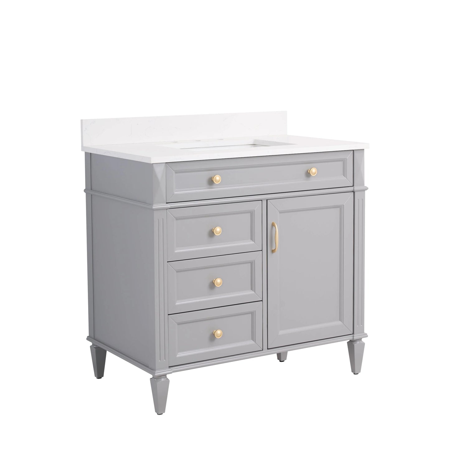 FORCLOVER 36" Bathroom Vanity with Sink Top Combo Set, Freestanding Solid Wood Bathroom Makeup Cabinet W/1 Soft-Close Door and 3 Soft-Close Drawers, Carrara White Quartz Countertop, Grey