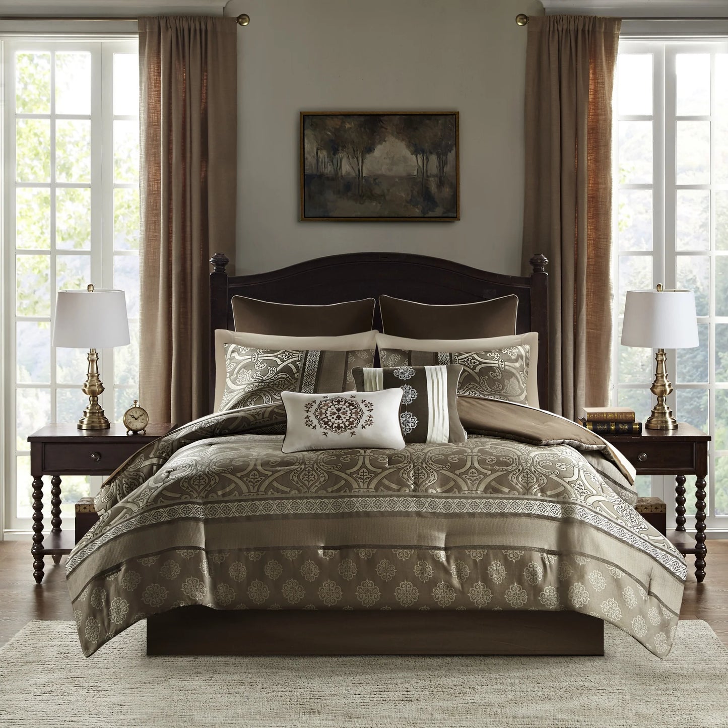 Home Essence Dennie 16 Piece Jacquard Complete Bedding Set With 2 Sheet Sets, King, Brown