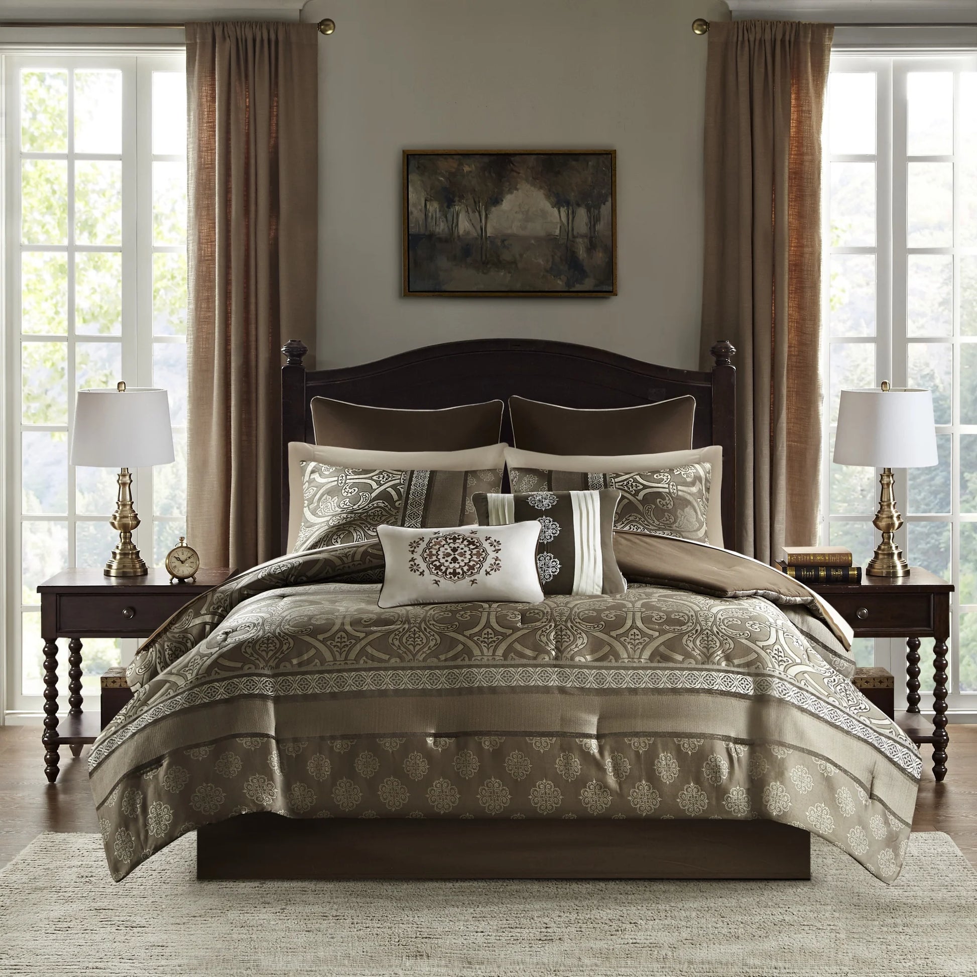 Home Essence Dennie 16 Piece Jacquard Complete Bedding Set With 2 Sheet Sets, King, Brown