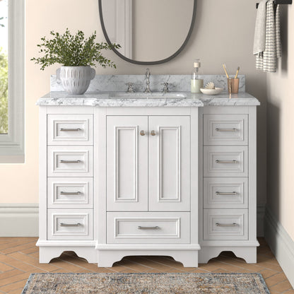 Nantucket 48" Bathroom Vanity with White Cabinet and Carrara Marble Top