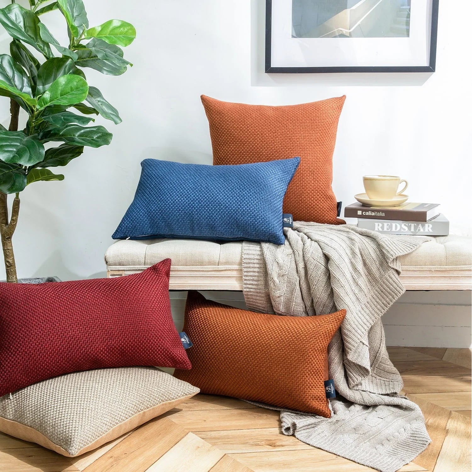 Phantoscope Classic Woven Textured Thick Solid Color Checker Plaid Series Decorative Throw Pillow, 20" x 20", Blue, 2 Pack