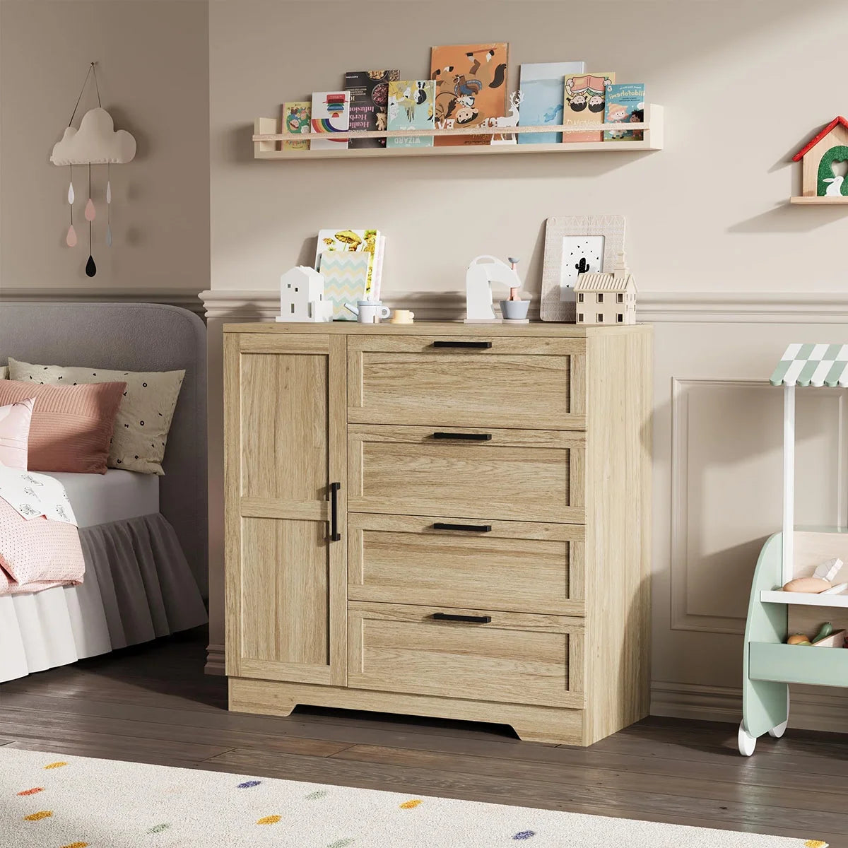 Ataucjin Wood Armoire Wardrobe Closet with 4 Drawers and Door, 43.3" H Bedroom Wardrobe Cabinet with Hanging Rod, Clothing Storage Cabinets, 4 Drawers Dresser with Storage Closet
