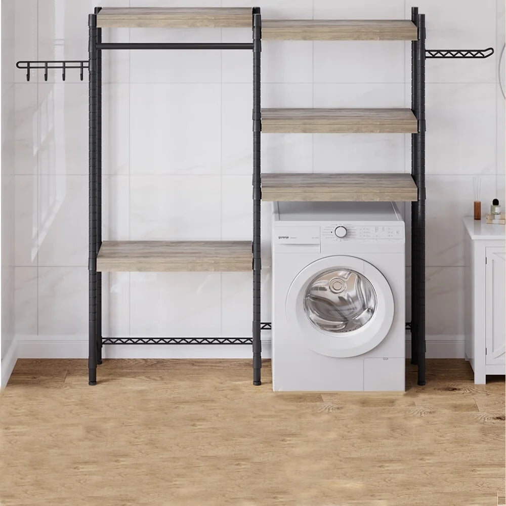 5 Tier Wood Over The Washer and Dryer Storage Shelf, Adjustable Height Laundry Drying Clothes Racks Bathroom Shelf