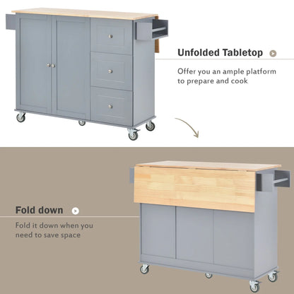 Kitchen Cart with Solid Wood Top and Drop Leaf Breakfast Bar, Rolling Mobile Kitchen Island with Storage, Spice Rack and Towel Rack, 52.7 Inch Width, Grey Blue
