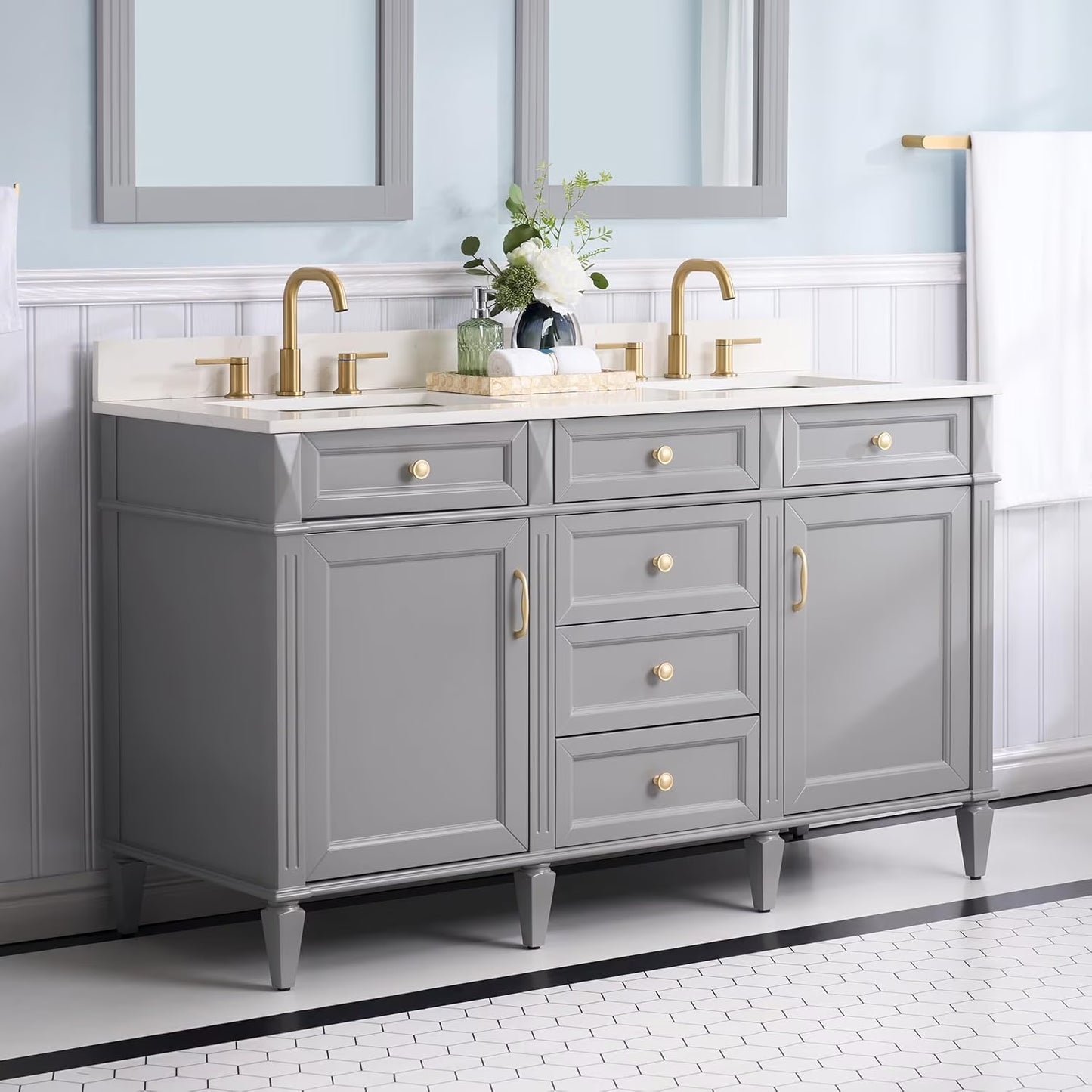 FORCLOVER 36" Bathroom Vanity with Sink Top Combo Set, Freestanding Solid Wood Bathroom Makeup Cabinet W/1 Soft-Close Door and 3 Soft-Close Drawers, Carrara White Quartz Countertop, Grey