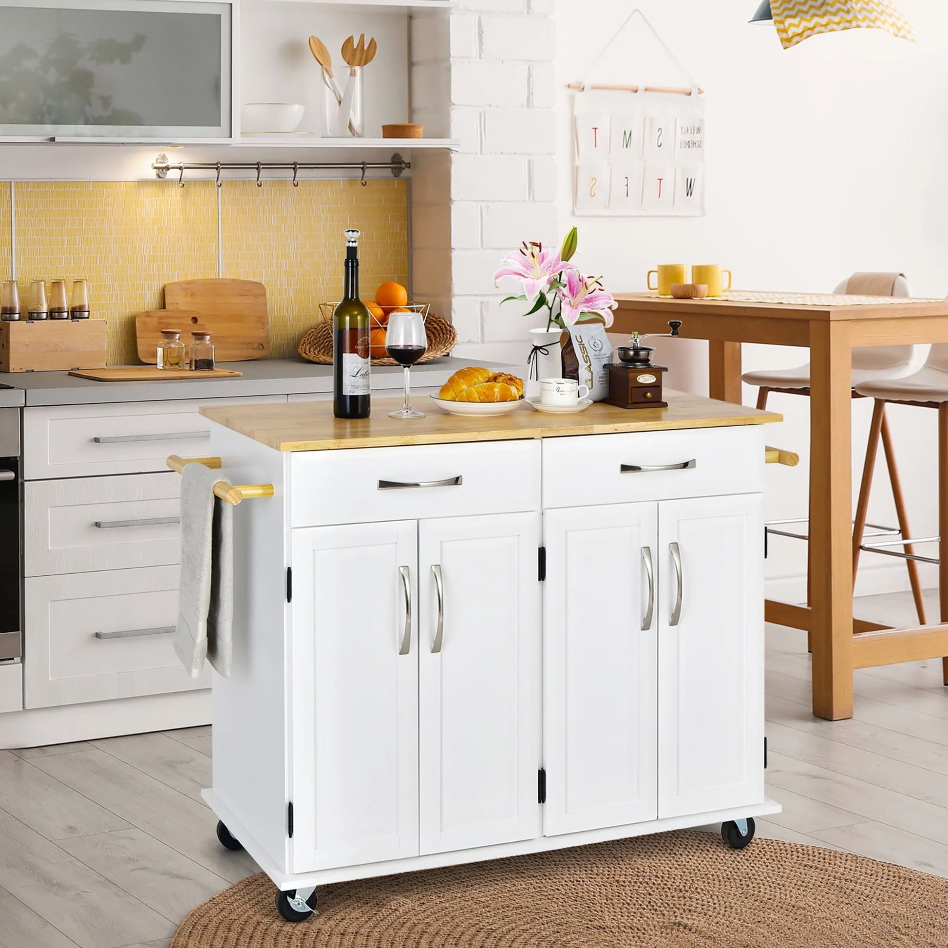 Costway 4-Door Rolling Kitchen Island Cart Buffet Cabinet w/Towel Racks Drawers White