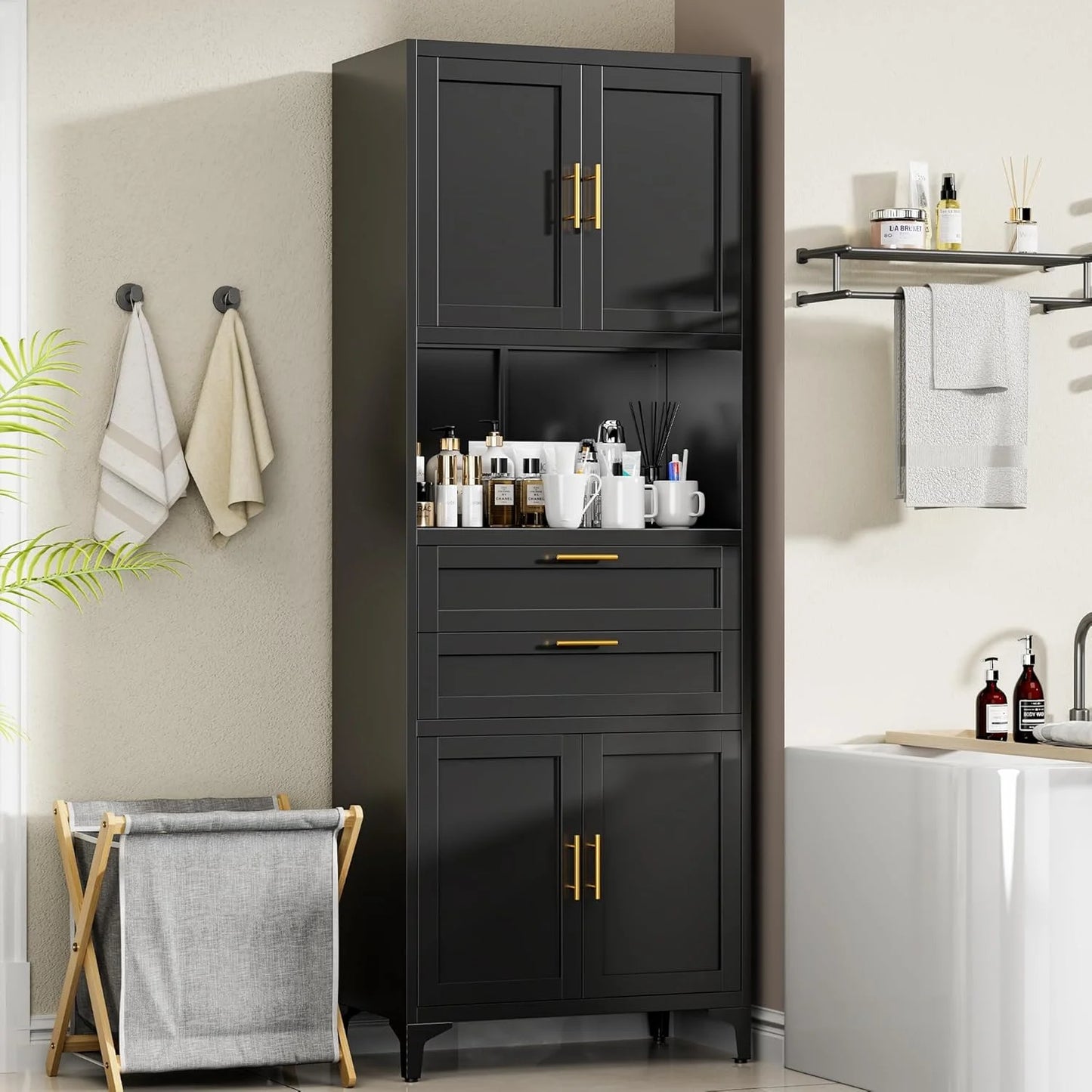 75° Tall Kitchen Pantry Storage Cabinet, Metal Storage Cabinet with 2 Drawers and Adjustable Shelves, Kitchen Pantry Cupboard, Freestanding Cupboard for Bathroom, Living Room(Black)