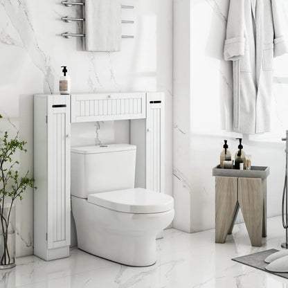 Homfa Over-The-Toilet Storage Cabinet with 2 Side Doors, Freestanding Toilet Cabinet Organizer with Adjustable Shelves & Paper Holder, Bathroom Space Saver with Pull-Down Door, Toilet Rack, White