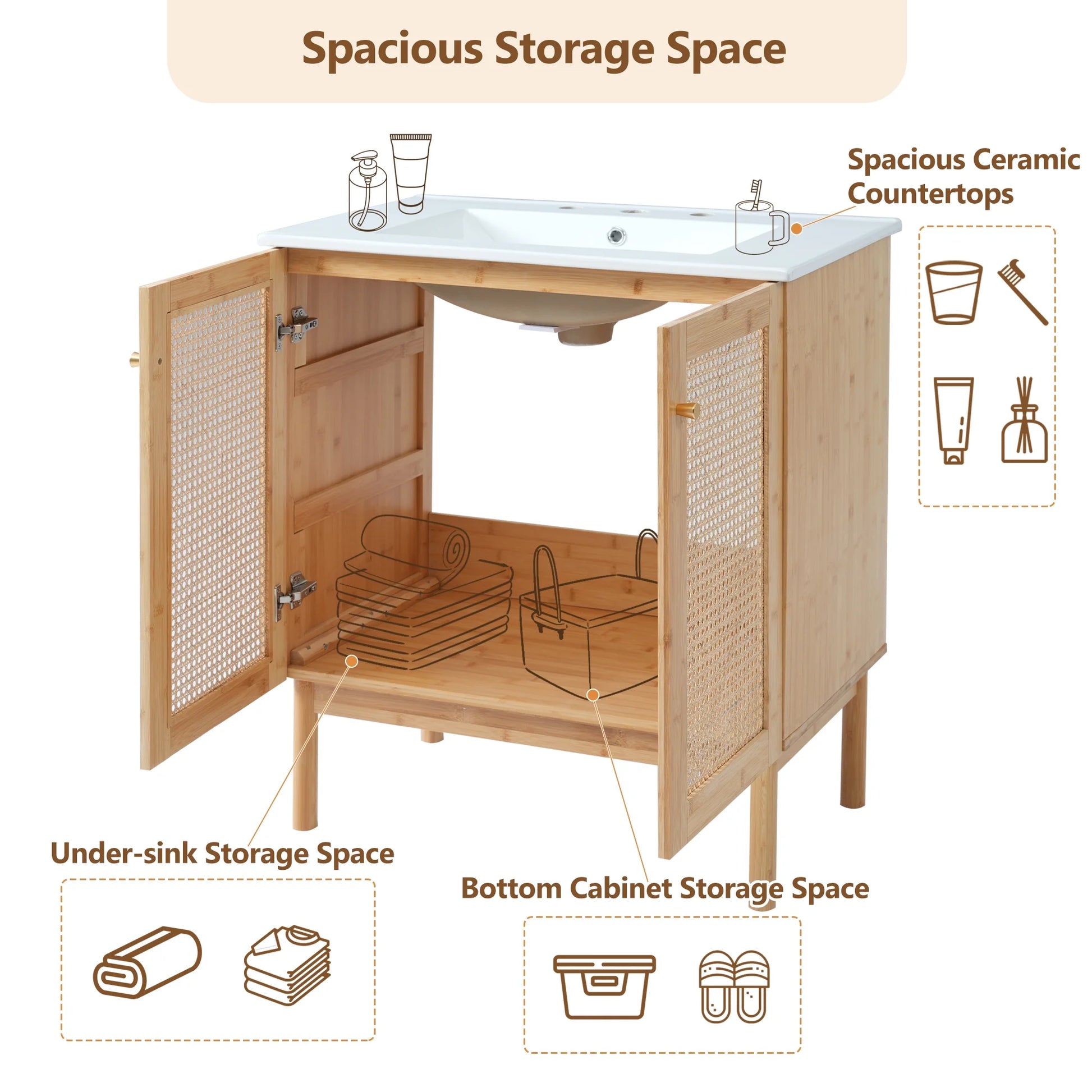 Harper & Bright Designs 30" Rattan Bathroom Vanity Combo with Ceramic Sink, Bathroom Vanity Cabinet with Soft Close Doors, Wood