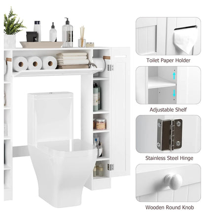 Over The Toilet Storage Cabinet, Bathroom Space Saver with Paper Holder and Adjustable Shelves, Freestanding Toilet Cabinet Organizer with 2 Side Doors and Pull-Down Door, White
