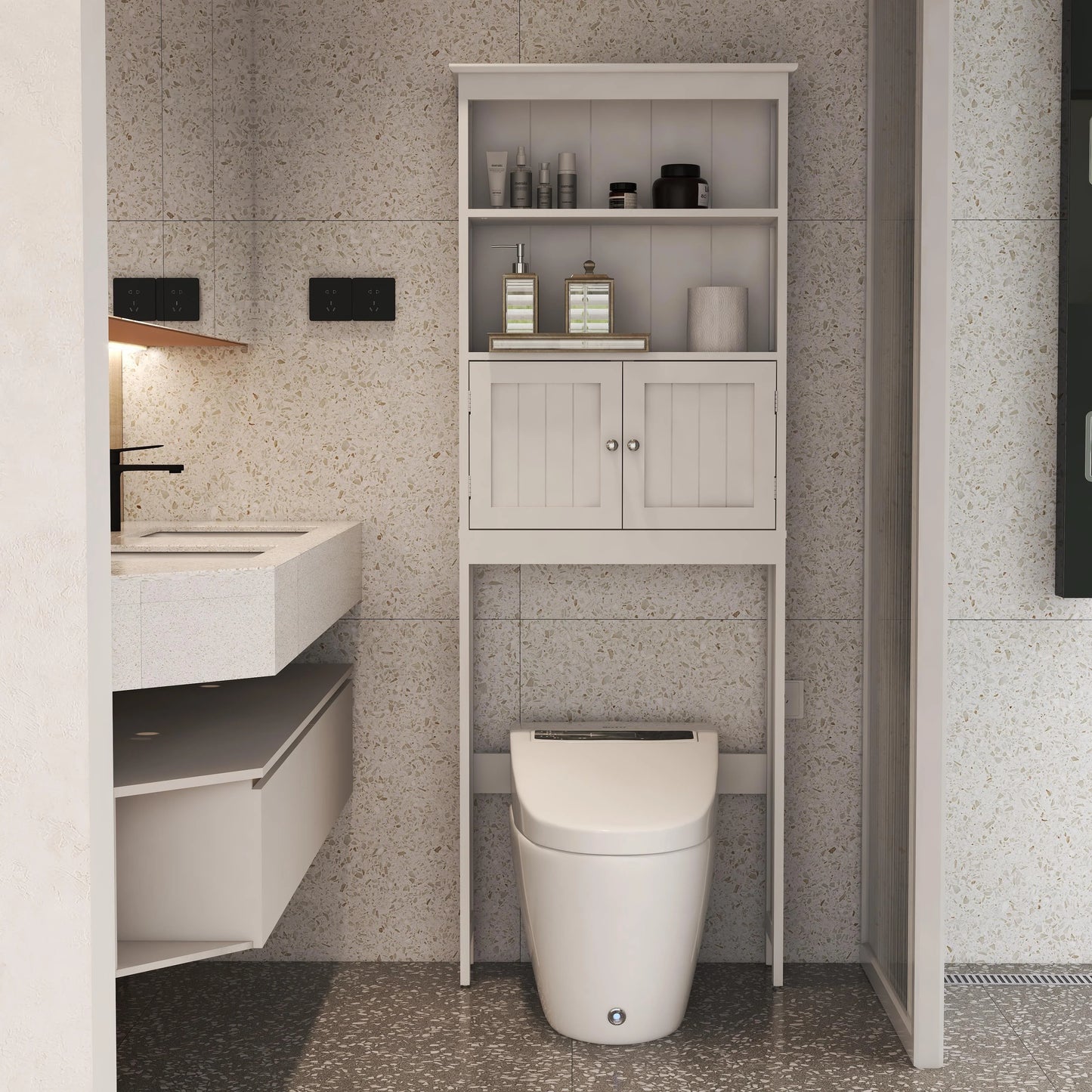 Ktaxon Over The Toilet Bathroom Storage Cabinet and Shelf with 2 Doors Bathroom Spacesaver, White