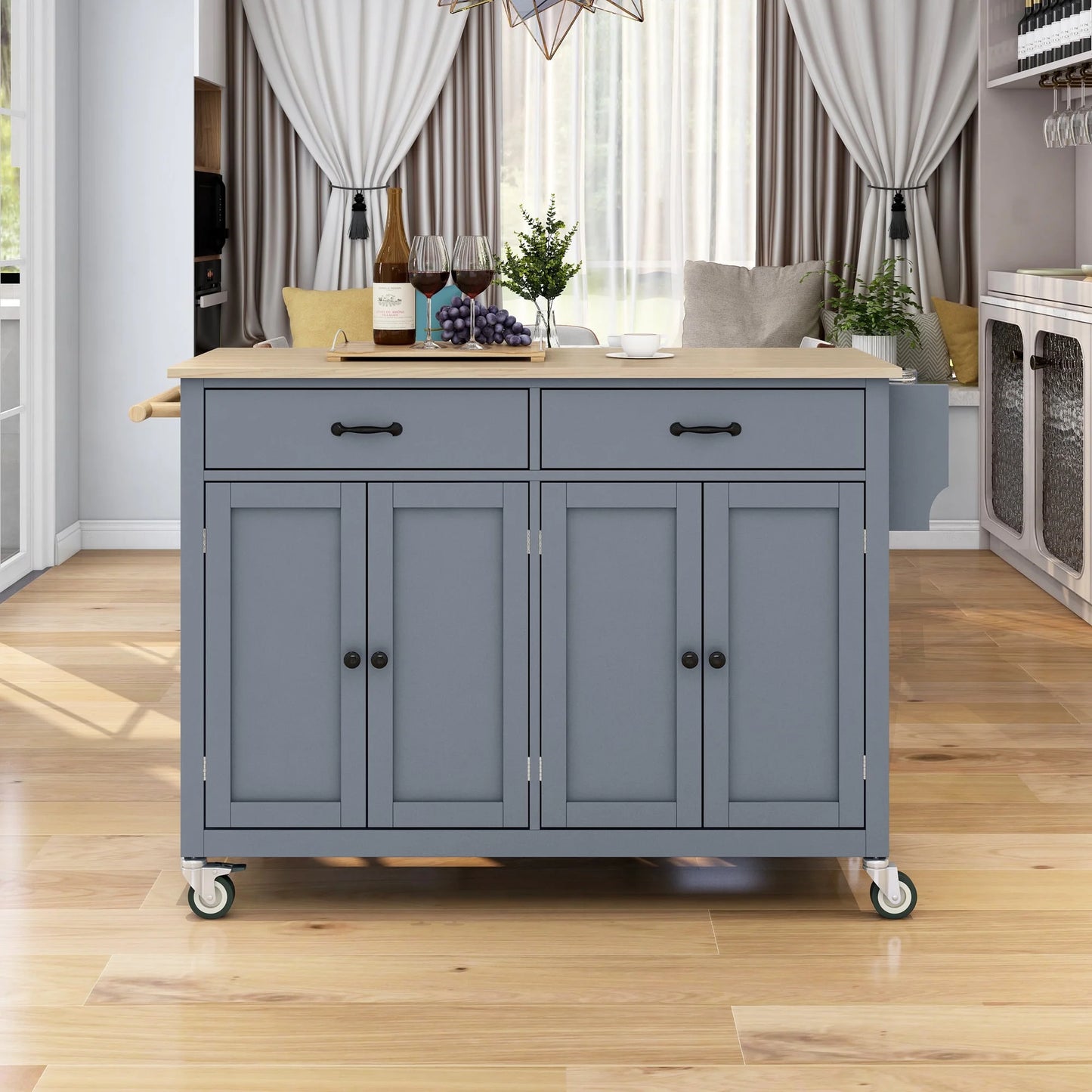 Harper & Bright Designs Rolling Kitchen Island Cart with Solid Wood Top and Locking Wheels, 4 Door, Storage Cabinet and Two DrawersSpice Towel Rack, Blue
