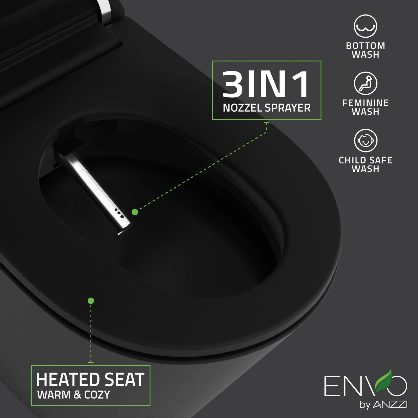 ANZZI ENVO Echo Elongated Smart Toilet Bidet in Matte Black with Auto Flush