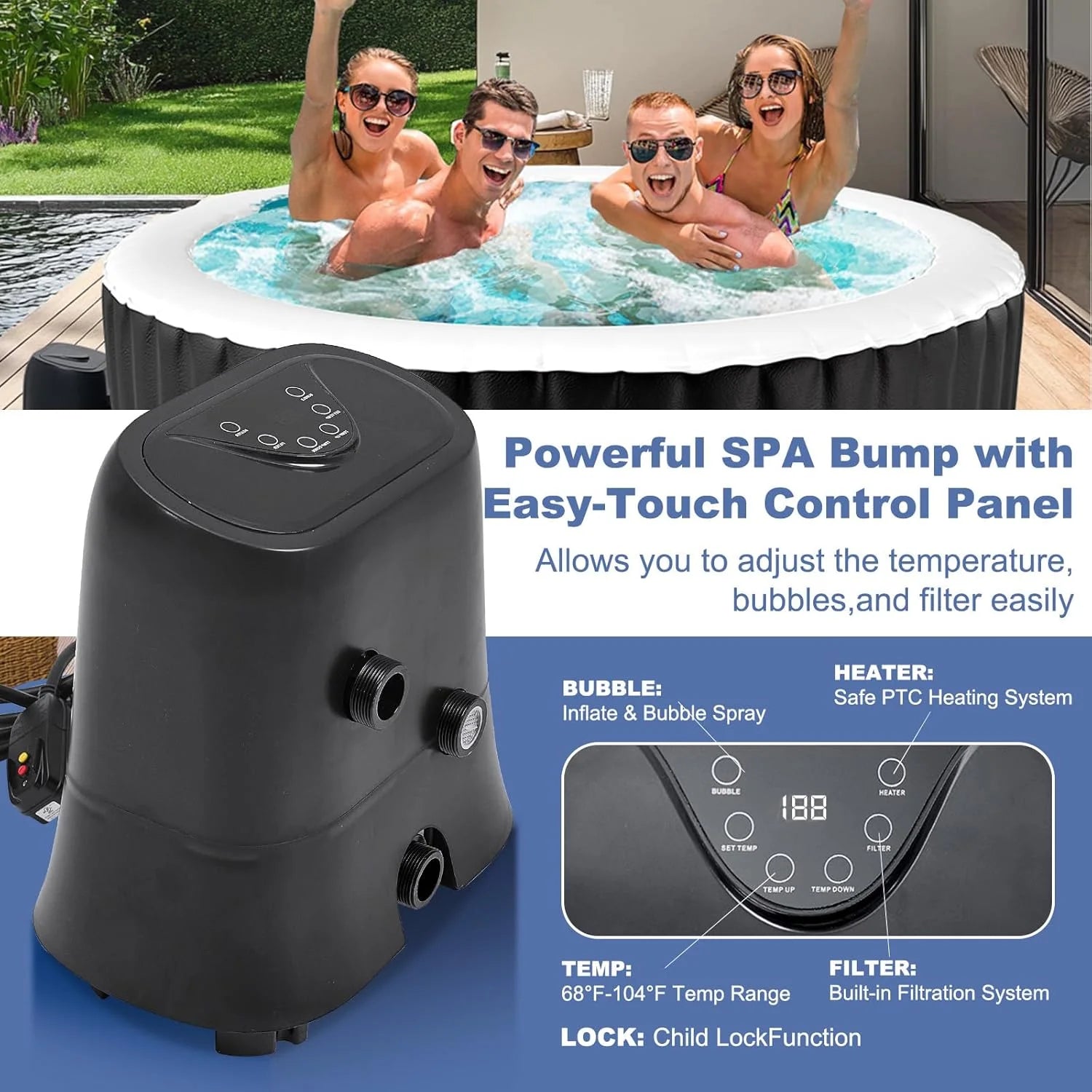 73 inch Outdoor Inflatable Hot Tub with 130 Bubble Air Jets, 4-6 Person Square Portable Hottub Spa with LED Control Panel, Blow Up Spa Bathtub with 2 Filter, Temperature up to 104° F