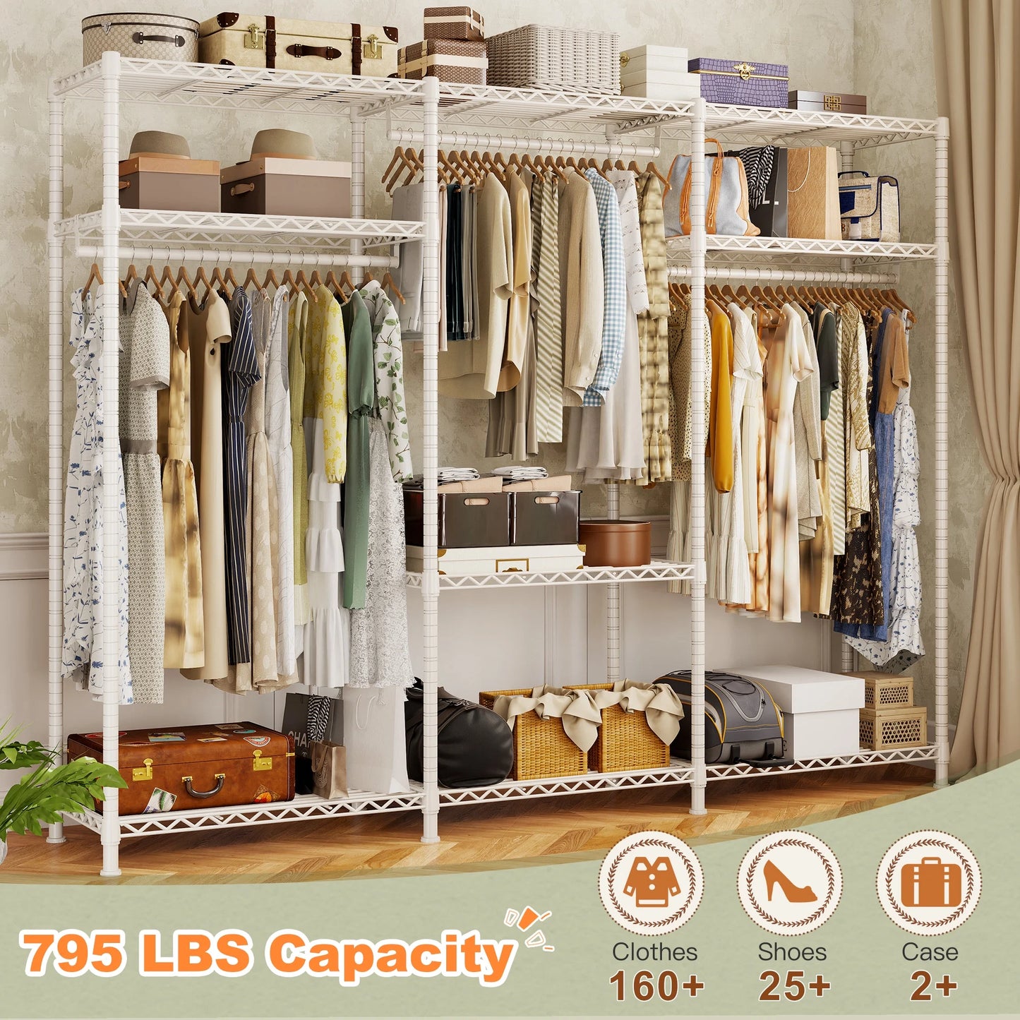 EnHomee Clothing Rack Portable Closet Organizer with 9 Shelves & 3 Rods,Heavy Duty Adjustable Wardrobe Rack 795 LBS CapacityBlack