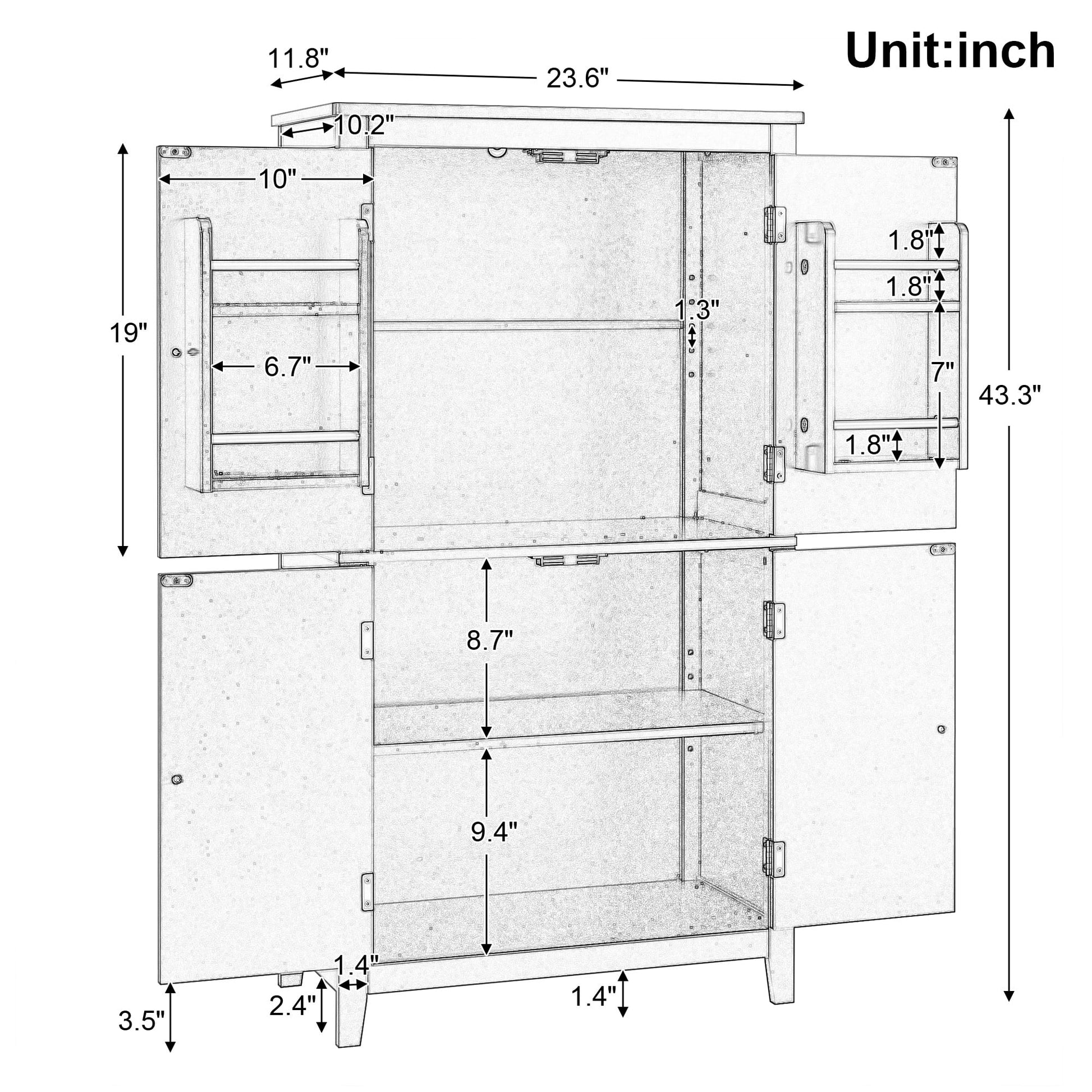 Bellemave Bathroom Floor Storage Cabinet with 4 Doors and Adjustable Shelf Freestanding Cabinet Multifunctional Small Storage Organizer for Living Room 23.6°?x 11.8°?x 43.3°?(White, 4 Doors)