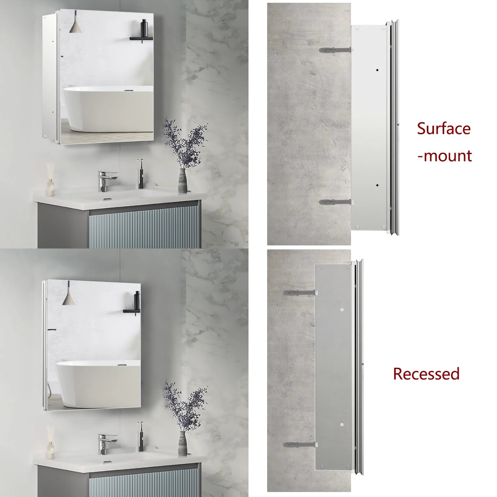 FUMANGO Aluminum Bathroom Medicine Cabinet, 24" x 24", firm and durable, waterproof and rust-proof, recessed or surface mounted,,Assembly required