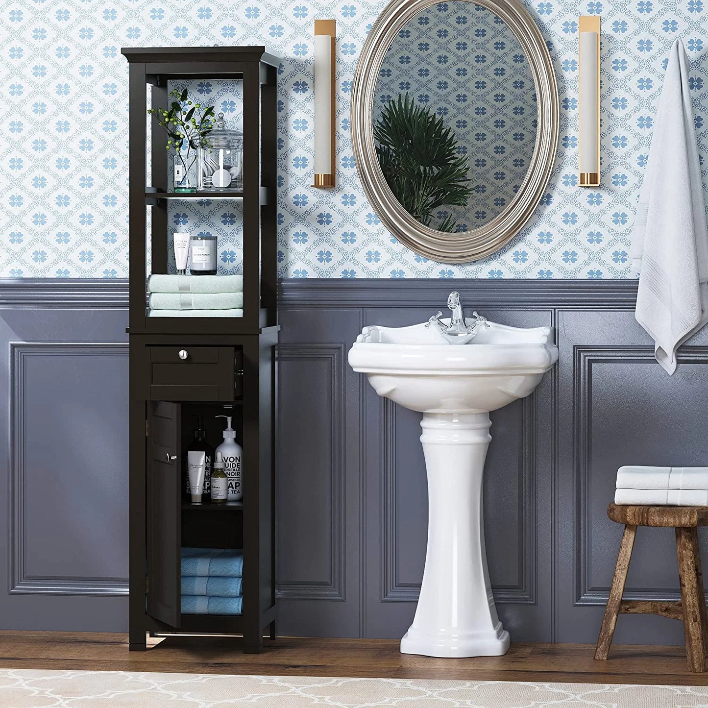 Spirich Home Bathroom Freestanding Storage Cabinet with Two Tier Open Shelves, Tall Slim Cabinet with Door and Drawer, Free Standing Linen Tower 15.75 ''(White with Drawer)