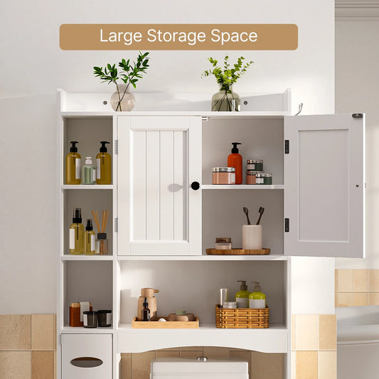 Over the Toilet Storage Cabinet , Bathroom Cabinet with 6 Open Shelves & Waterproof Tissue Holder - Upgraded White