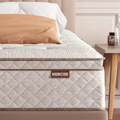 Kescas 12 Inch Memory Foam Hybrid Queen Mattress - Knitted Fabric Cover with Linen - Heavier Coils for Durable Support - Pocket Innersprings for Motion Isolation - Pressure Relieving - Medium Firm