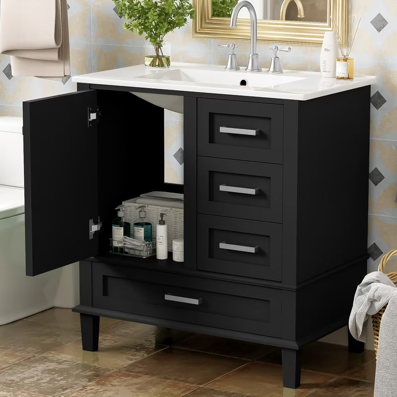 Bellemave 30" Bathroom Vanity with Sink, Cabinet with Sink Combo Set with Top, Bathroom Storage Cabinet with 3 Drawers and 1 Soft Closing Door, 30 Inch Vanity with Sink for Bathroom(White)