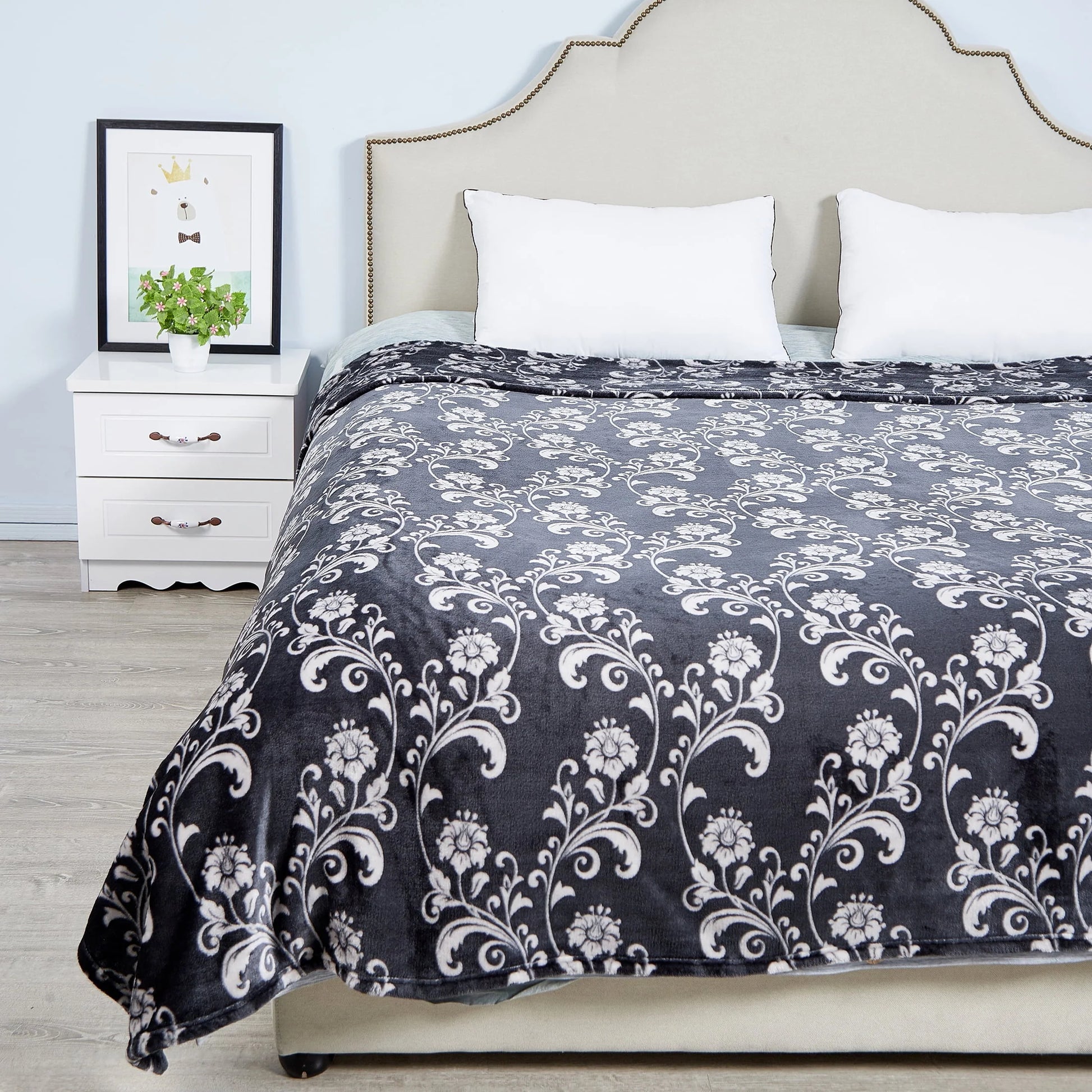 SoftLux Printed Luxury Velvet Plush Fleece Blanket, Full/Queen, 90" x90", Grey Floral Scroll