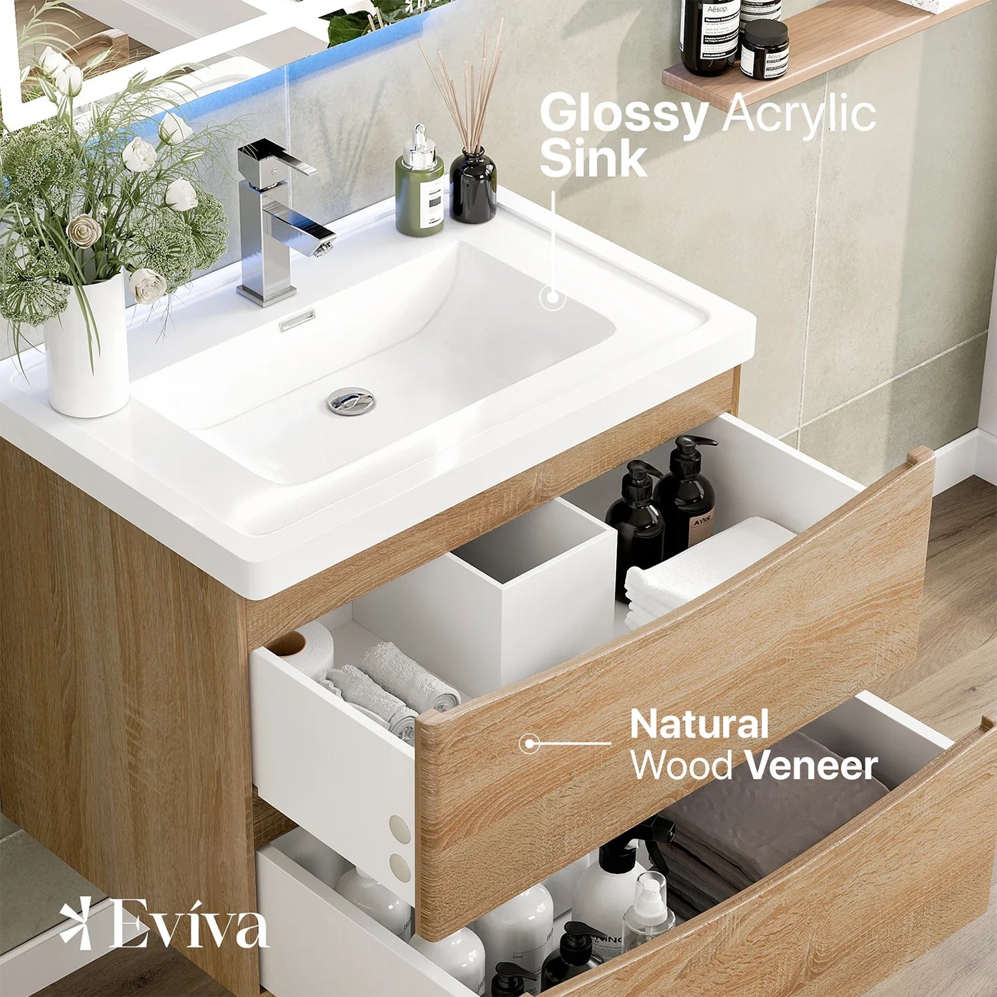 Eviva Smile 30" White Oak Wall Mount Modern Bathroom Vanity w/White Integrated Top
